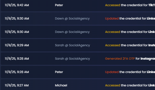 Clients see which agency users accessed credentials (with IP), while agencies see when the client updated credentials but with identities obscured.