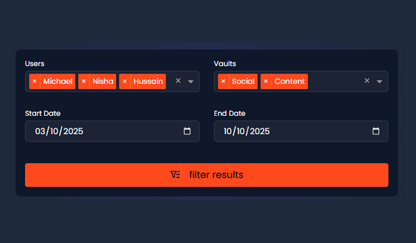 Search by user, action, vault, credential, date range, or IP to get answers fast